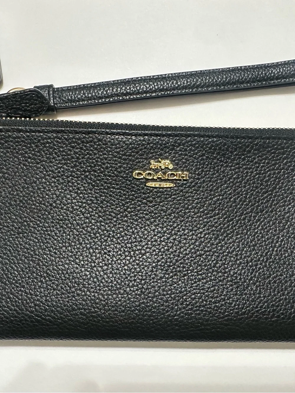 Coach Black Pebbled Leather Double Zip Wallet Wristlet with Gold Logo